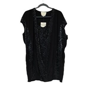 MADISON MARCUS Black Silk Beaded Cap Sleeve V Neck Tunic Top Women's XS NWT